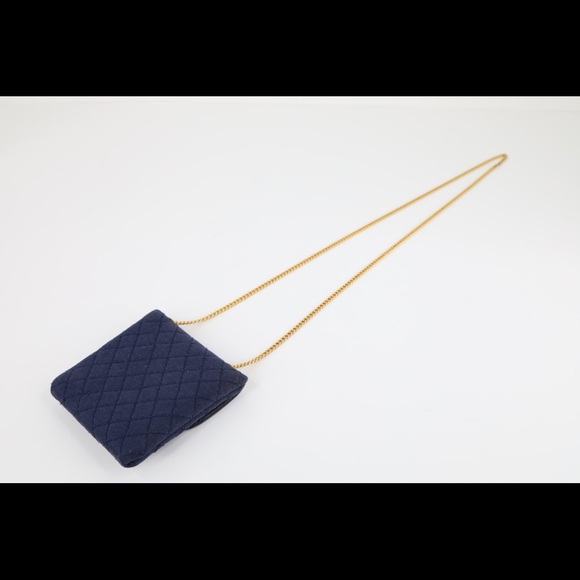 Vintage Chanel Knit Quilted Jersey Pouch Necklace Dark Blue Gold Hardware - Picture 4 of 8
